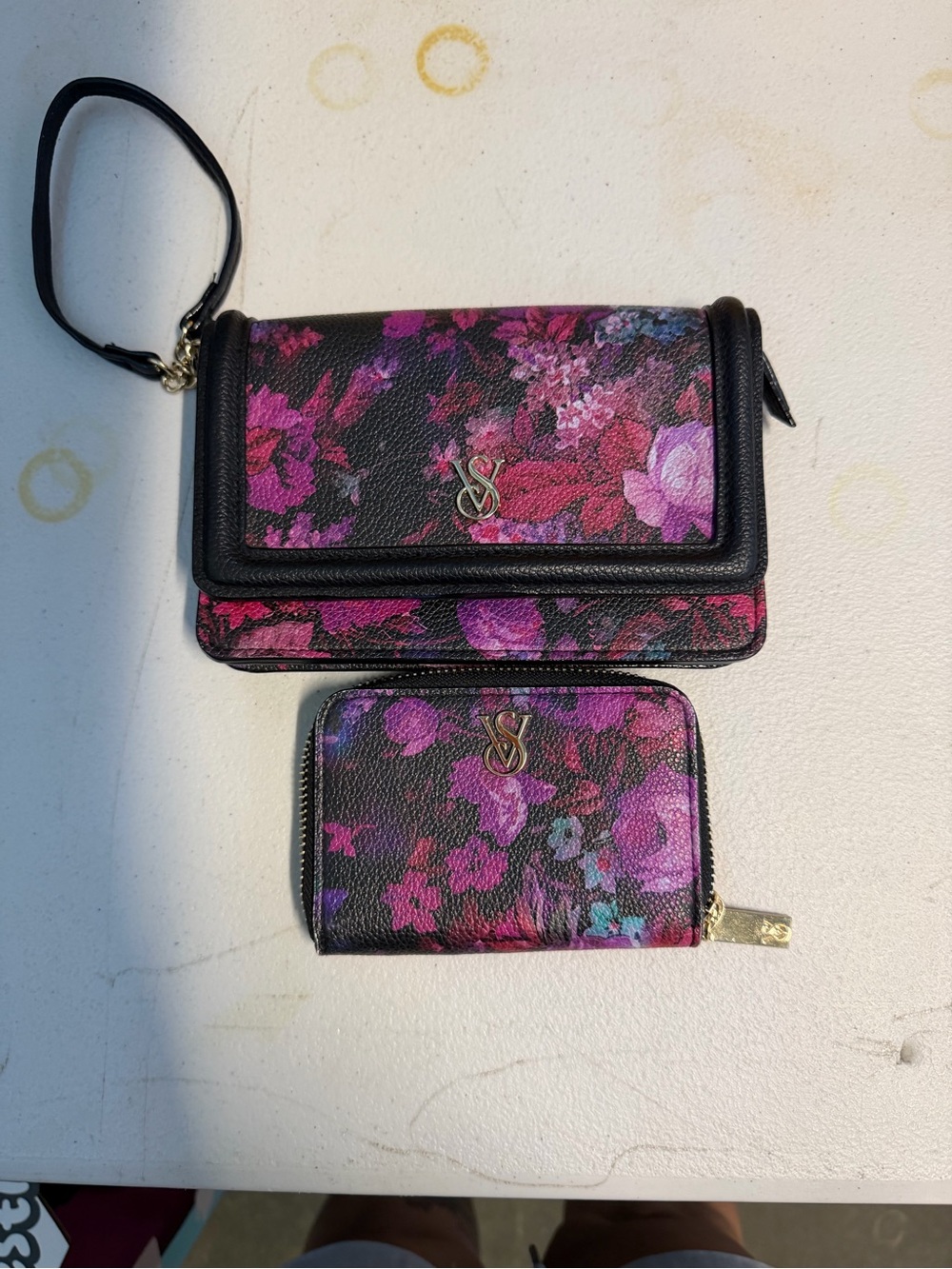 Victoria's Secret Black Floral Wristlet and Zip Wallet Set